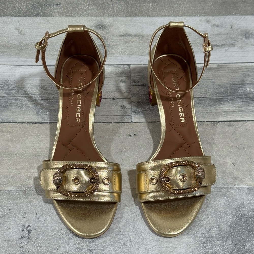 Kurt Geiger London Mayfair Eagle Block Heel Sandal - Gold multi - Sz - 7 .US - Picture 2 of 12